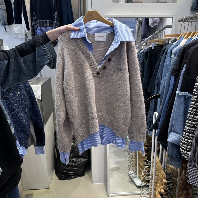 2MORROW東大門㊣代購女裝新品時尚推薦休閑針織衫假兩件紐扣2MORROW針織衫圖色1