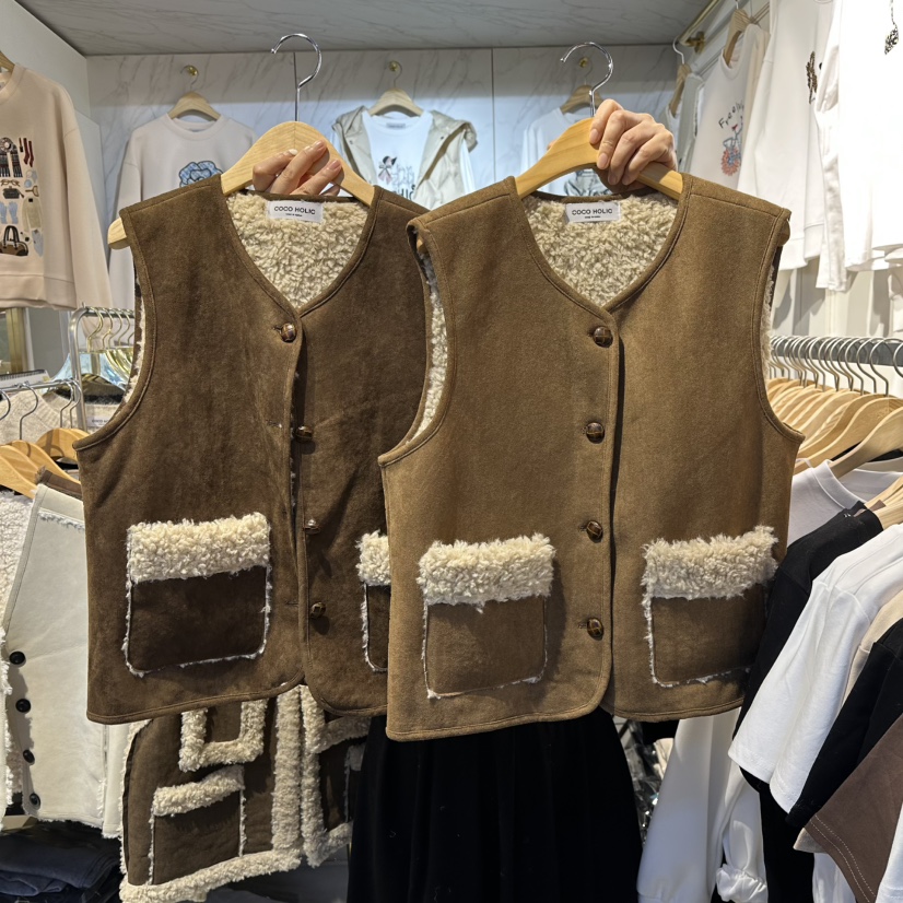 COCO HOLIC韓國代購㊣女士新款推薦時尚休閑真品馬甲口袋羊毛COCO HOLIC馬甲