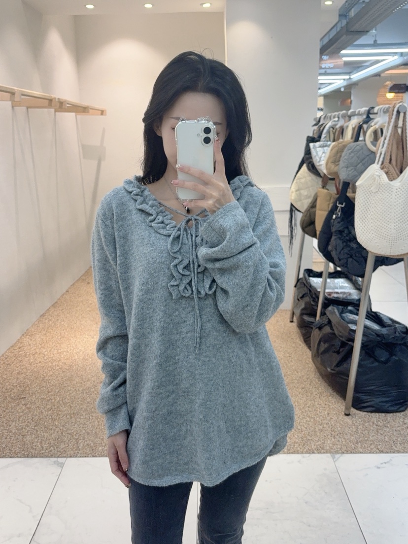 BLUE RIBBON東大門㊣代購女裝新款真品休閑長袖T恤褶邊針織BLUE RIBBON長袖T恤