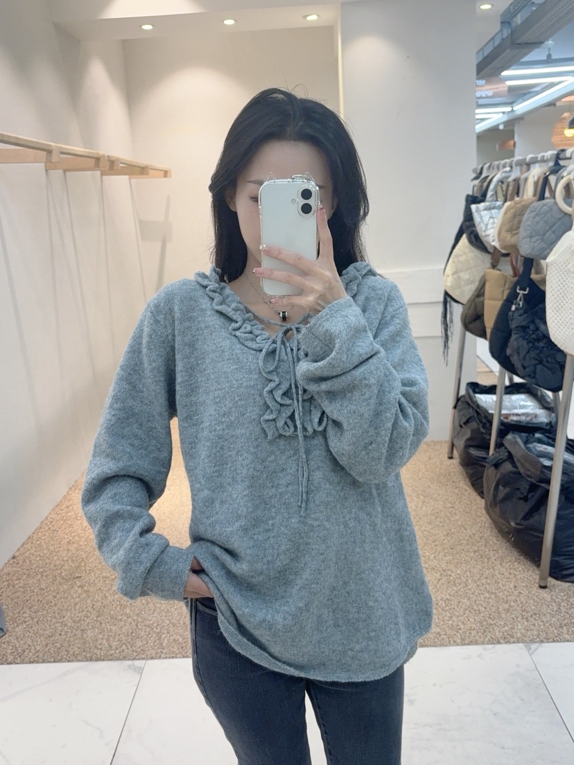 BLUE RIBBON東大門㊣代購女裝新款真品休閑長袖T恤褶邊針織BLUE RIBBON長袖T恤