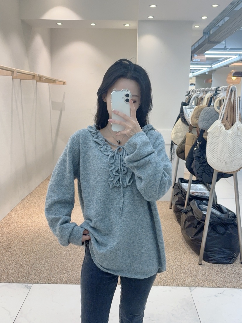 BLUE RIBBON東大門㊣代購女裝新款真品休閑長袖T恤褶邊針織BLUE RIBBON長袖T恤