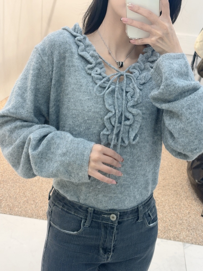 BLUE RIBBON東大門㊣代購女裝新款真品休閑長袖T恤褶邊針織BLUE RIBBON長袖T恤