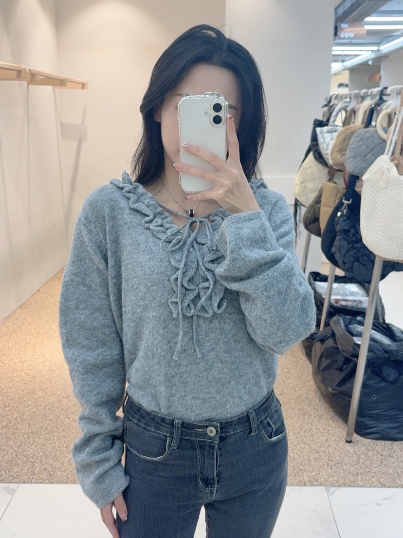 BLUE RIBBON東大門㊣代購女裝新款真品休閑長袖T恤褶邊針織BLUE RIBBON長袖T恤