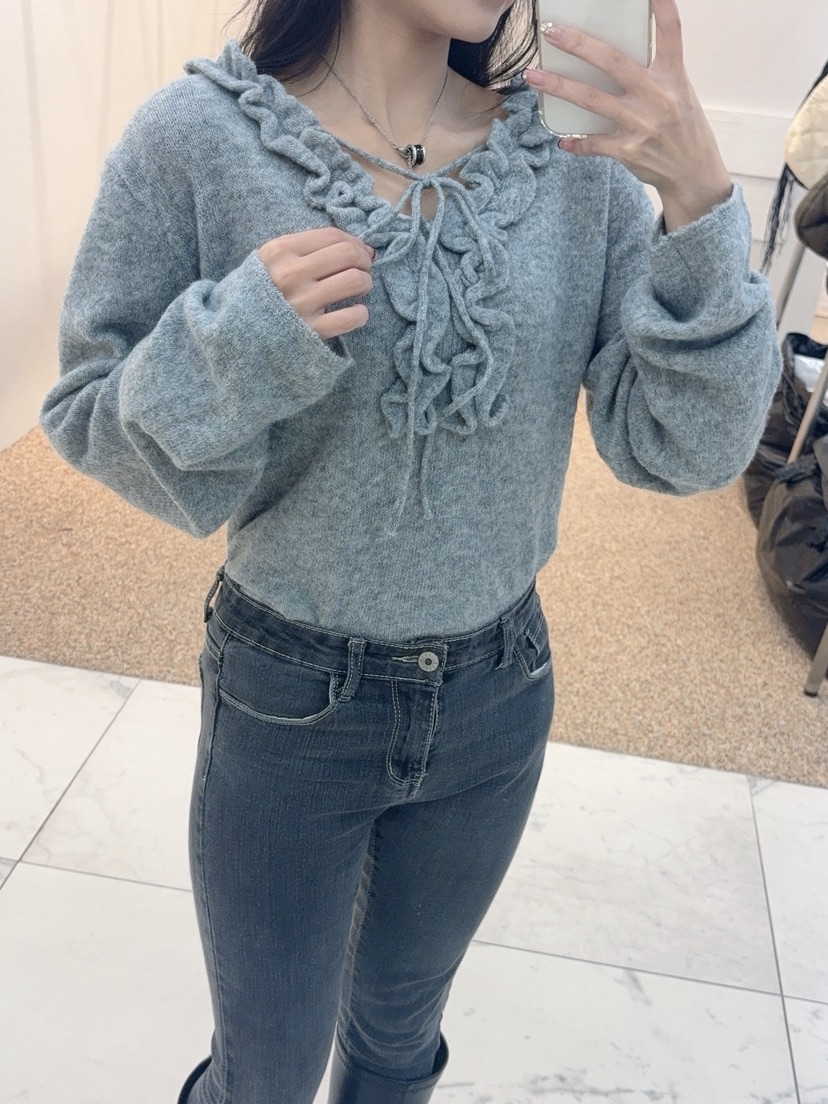 BLUE RIBBON東大門㊣代購女裝新款真品休閑長袖T恤褶邊針織BLUE RIBBON長袖T恤