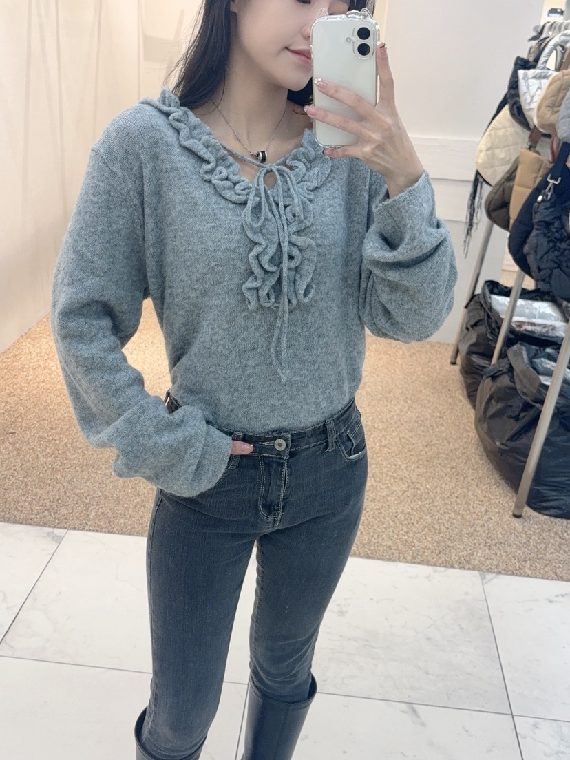 BLUE RIBBON東大門㊣代購女裝新款真品休閑長袖T恤褶邊針織BLUE RIBBON長袖T恤