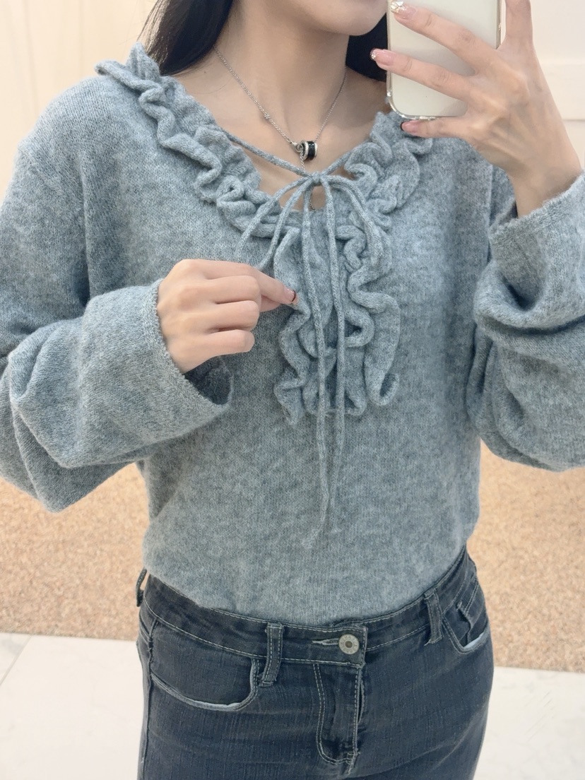 BLUE RIBBON東大門㊣代購女裝新款真品休閑長袖T恤褶邊針織BLUE RIBBON長袖T恤