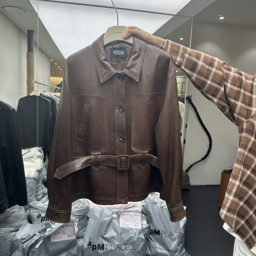 BANUL韓國直郵㊣女士新款25秋冬推薦熱賣職業時尚皮衣含腰帶BANUL皮衣圖色1