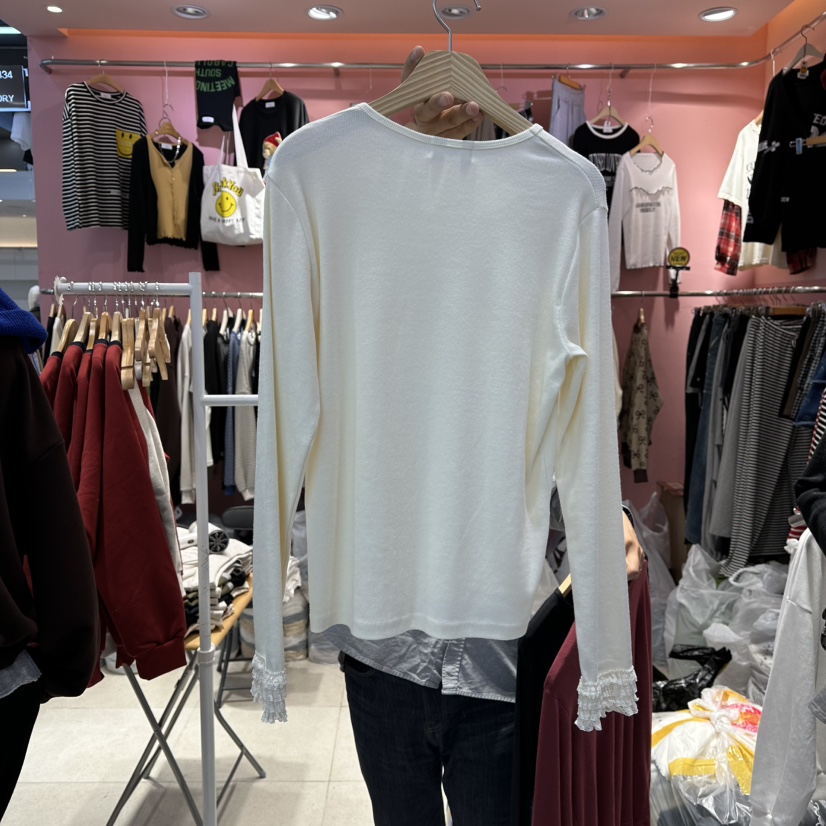 K STORY東大門㊣代購女士新款熱賣25秋冬人氣職業長袖T恤蕾絲K STORY長袖T恤