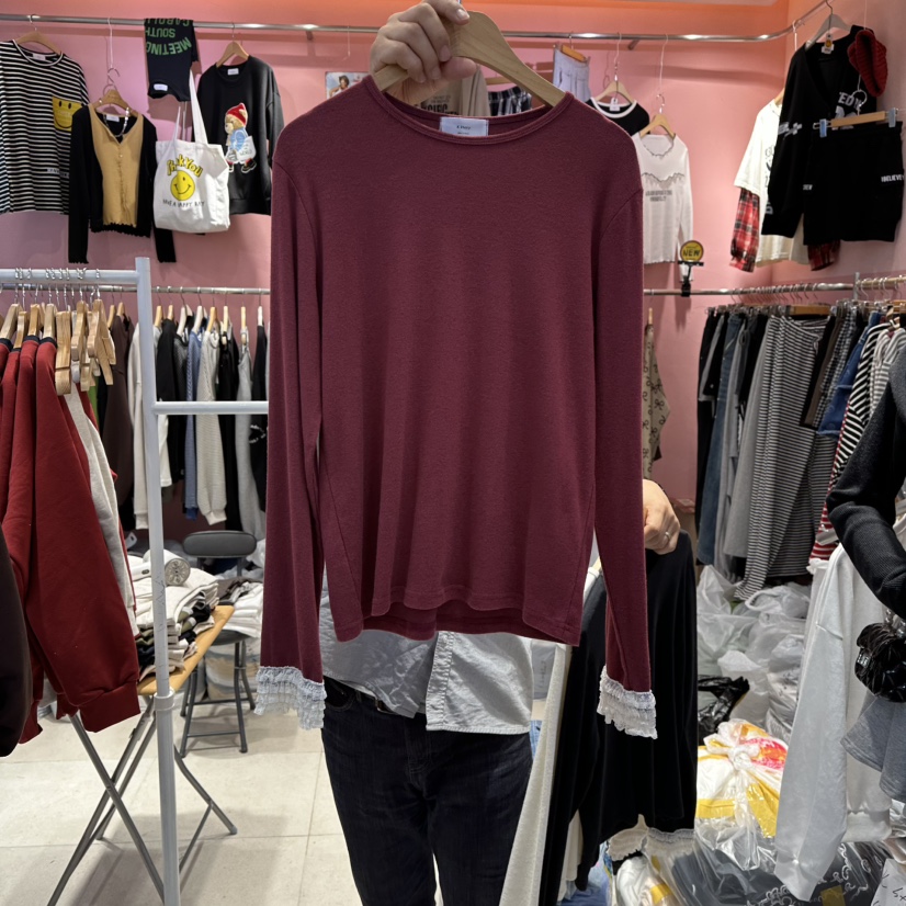 K STORY東大門㊣代購女士新款熱賣25秋冬人氣職業長袖T恤蕾絲K STORY長袖T恤圖色2