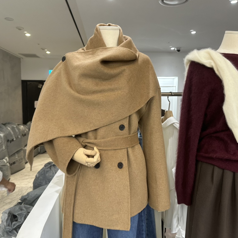 LEWIN東大門㊣代購女士新款推薦短款大衣手工制作含腰帶圍巾LEWIN短款大衣圖色1