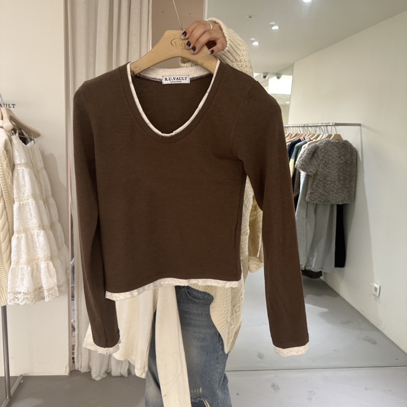 VAULT東大門㊣直郵女裝新品25秋冬推薦時尚長袖T恤假兩件羊毛VAULT長袖T恤圖色3