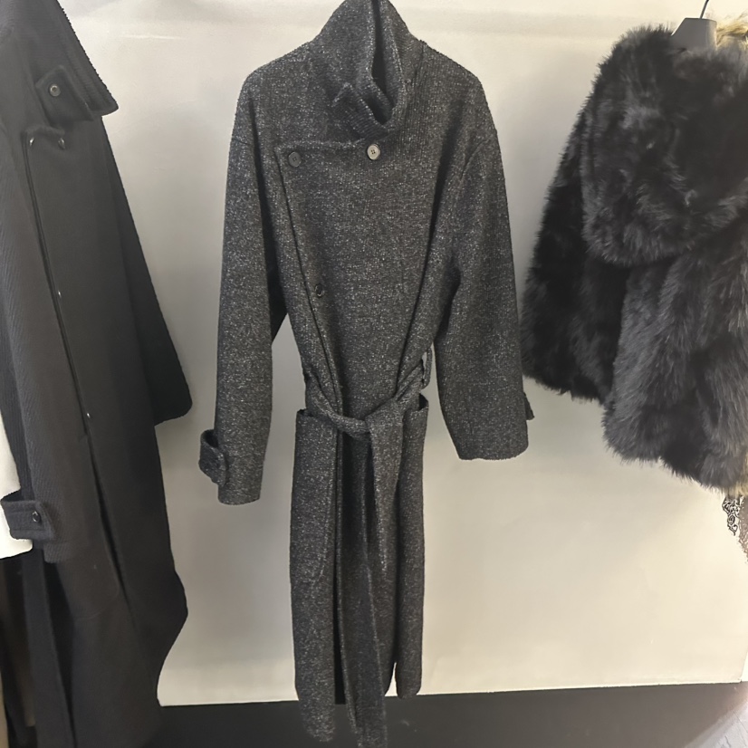 PROJECT WAVE-P東大門㊣代購女士新品人氣中長款大衣含腰帶羊毛PROJECT WAVE中長款大衣圖色1墨色