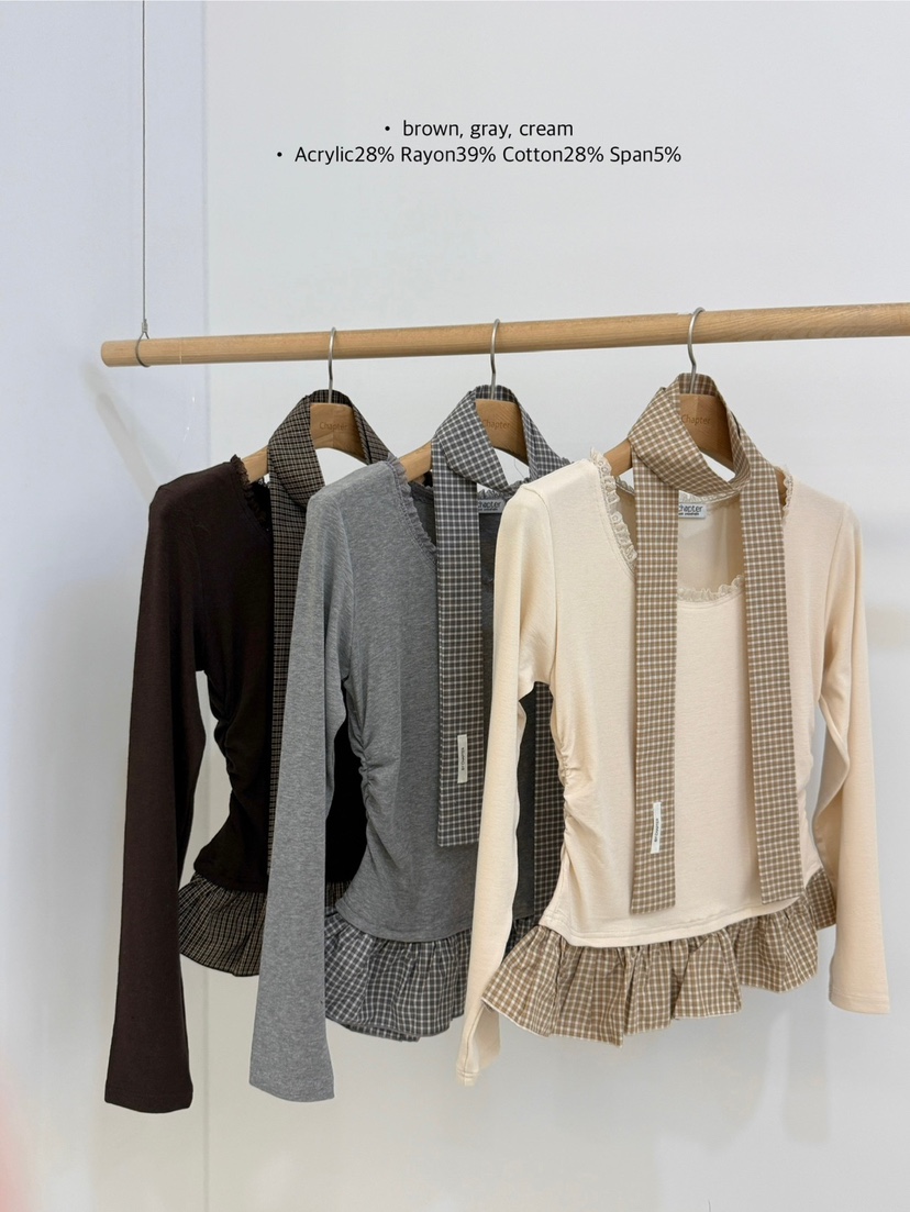 BY CHAPTER韓國代購㊣女士新品推薦職業長袖T恤含脖帶格紋BY Chapter長袖T恤