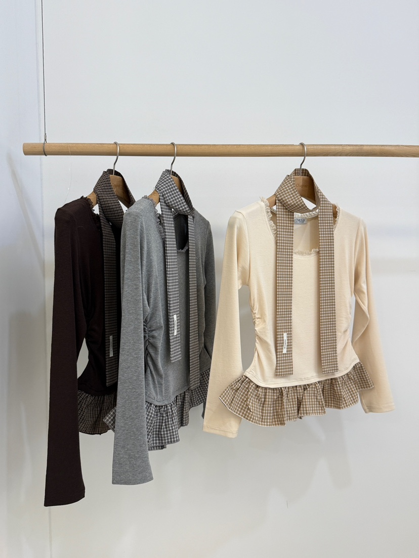 BY CHAPTER韓國代購㊣女士新品推薦職業長袖T恤含脖帶格紋BY Chapter長袖T恤