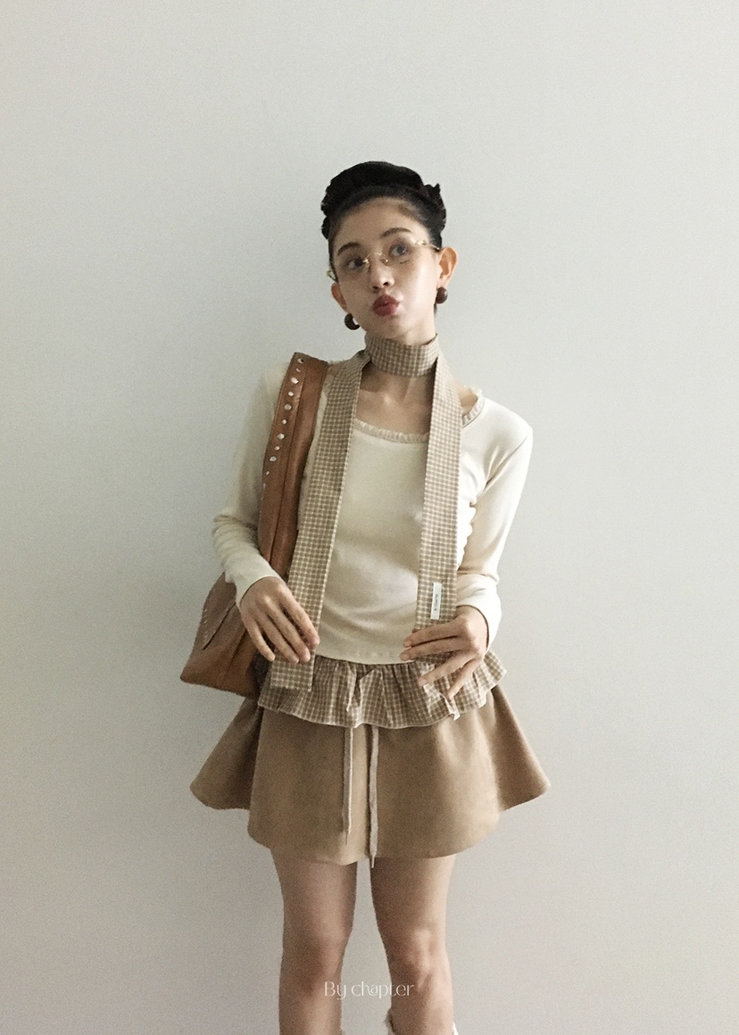 BY CHAPTER韓國代購㊣女士新品推薦職業長袖T恤含脖帶格紋BY Chapter長袖T恤