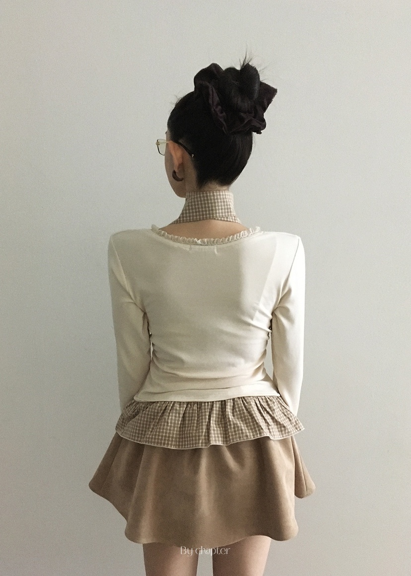 BY CHAPTER韓國代購㊣女士新品推薦職業長袖T恤含脖帶格紋BY Chapter長袖T恤