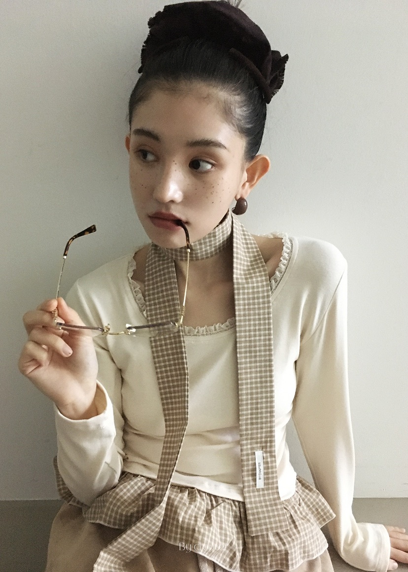 BY CHAPTER韓國代購㊣女士新品推薦職業長袖T恤含脖帶格紋BY Chapter長袖T恤