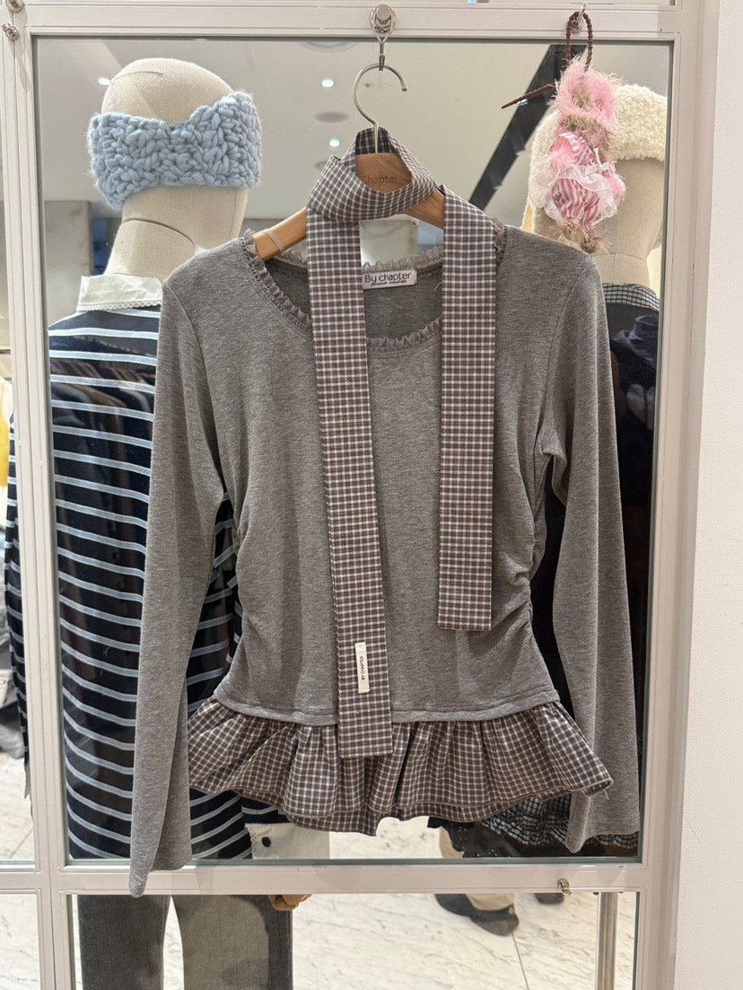 BY CHAPTER韓國代購㊣女士新品推薦職業長袖T恤含脖帶格紋BY Chapter長袖T恤圖色2