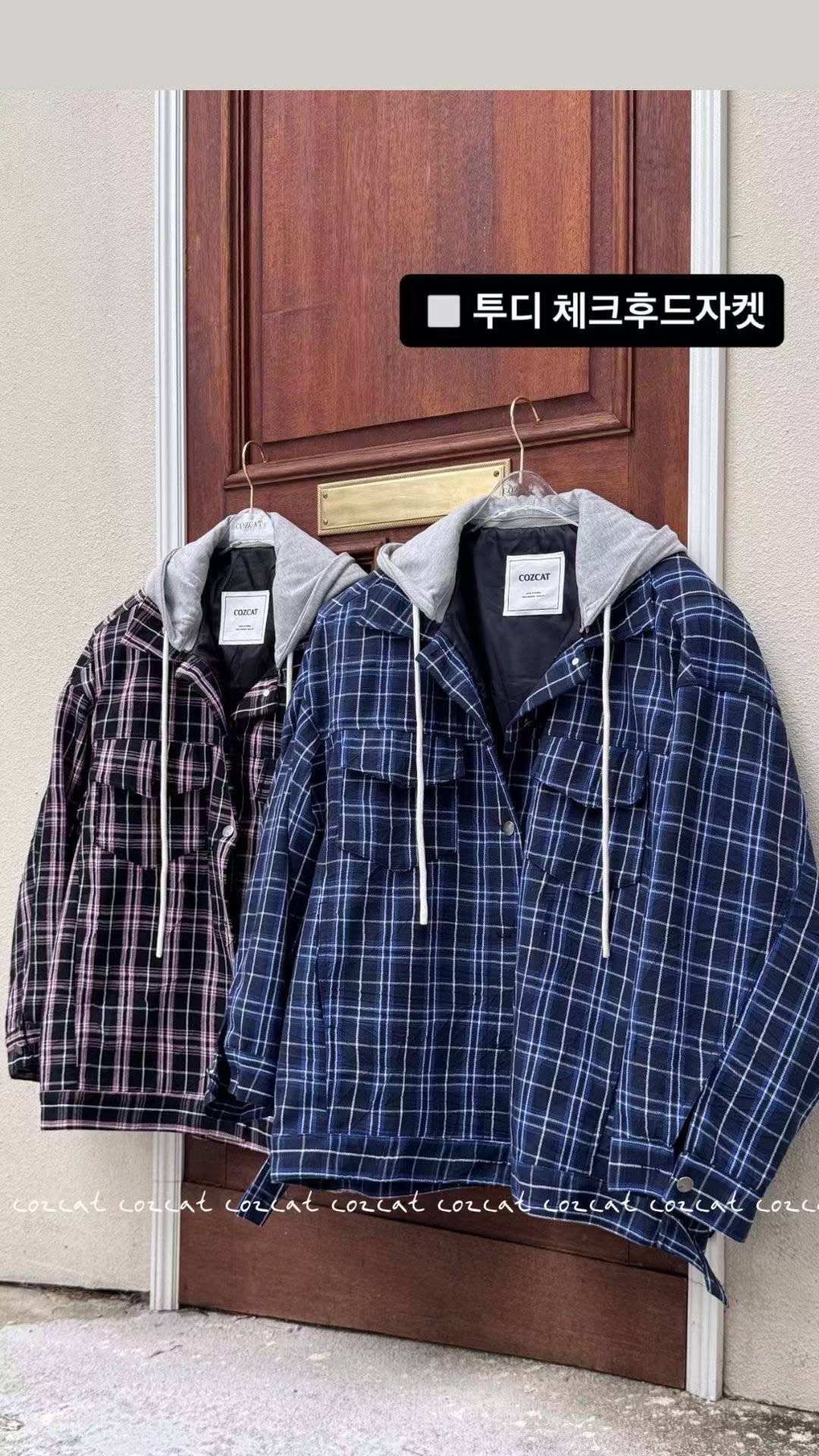 COZCAT-코즈켓-T東大門㊣實拍女裝新品職業夾克帽子可拆卸格紋COZCAT夾克