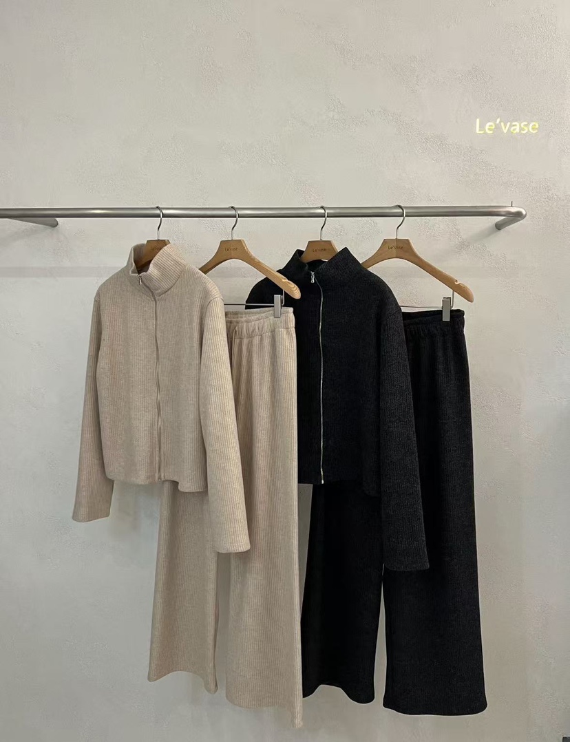 LE VASE韓國直郵㊣女裝新品職業推薦休閑夾克針織羅紋拉鏈LE VASE夾克