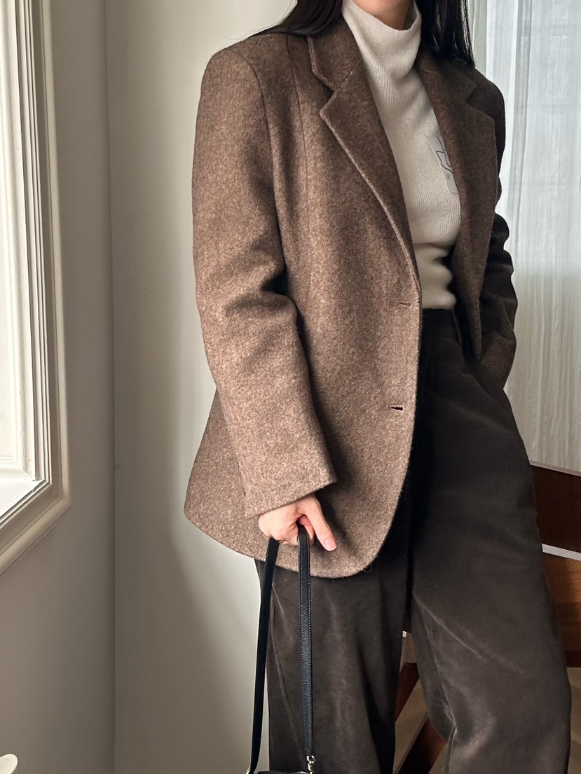 LE VASE東大門㊣代購女裝新款熱賣真品25秋冬夾克羊毛人字紋LE VASE夾克