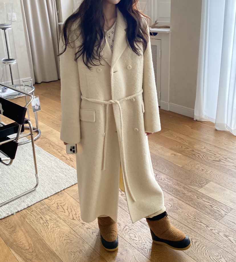 ERUME韓國直郵㊣女士新品休閑真品推薦中長款大衣含腰繩羊駝ERUME中長款大衣