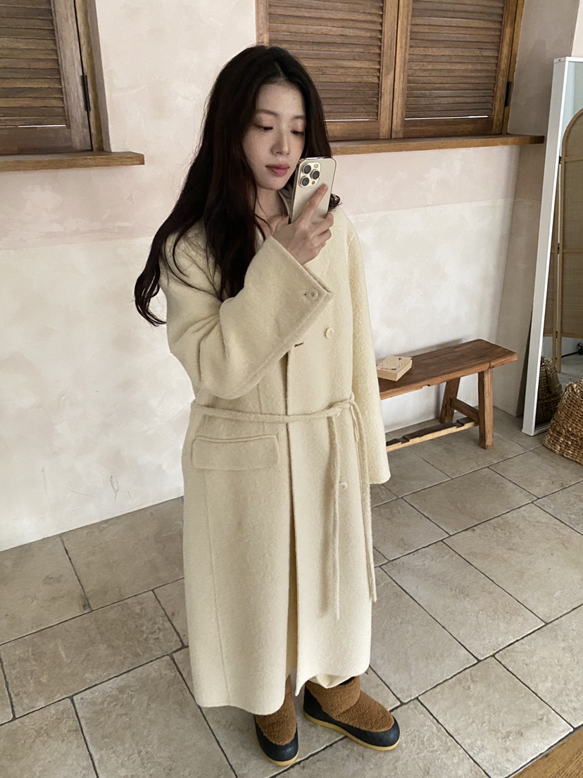 ERUME韓國直郵㊣女士新品休閑真品推薦中長款大衣含腰繩羊駝ERUME中長款大衣