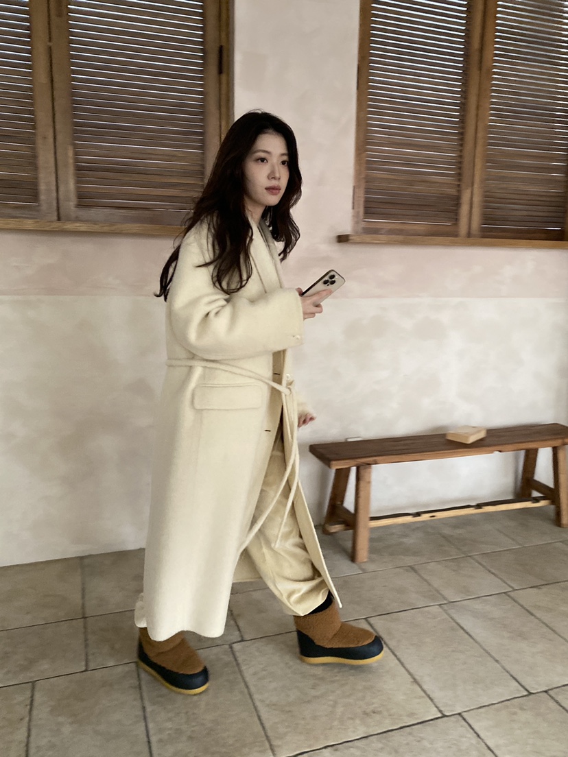 ERUME韓國直郵㊣女士新品休閑真品推薦中長款大衣含腰繩羊駝ERUME中長款大衣