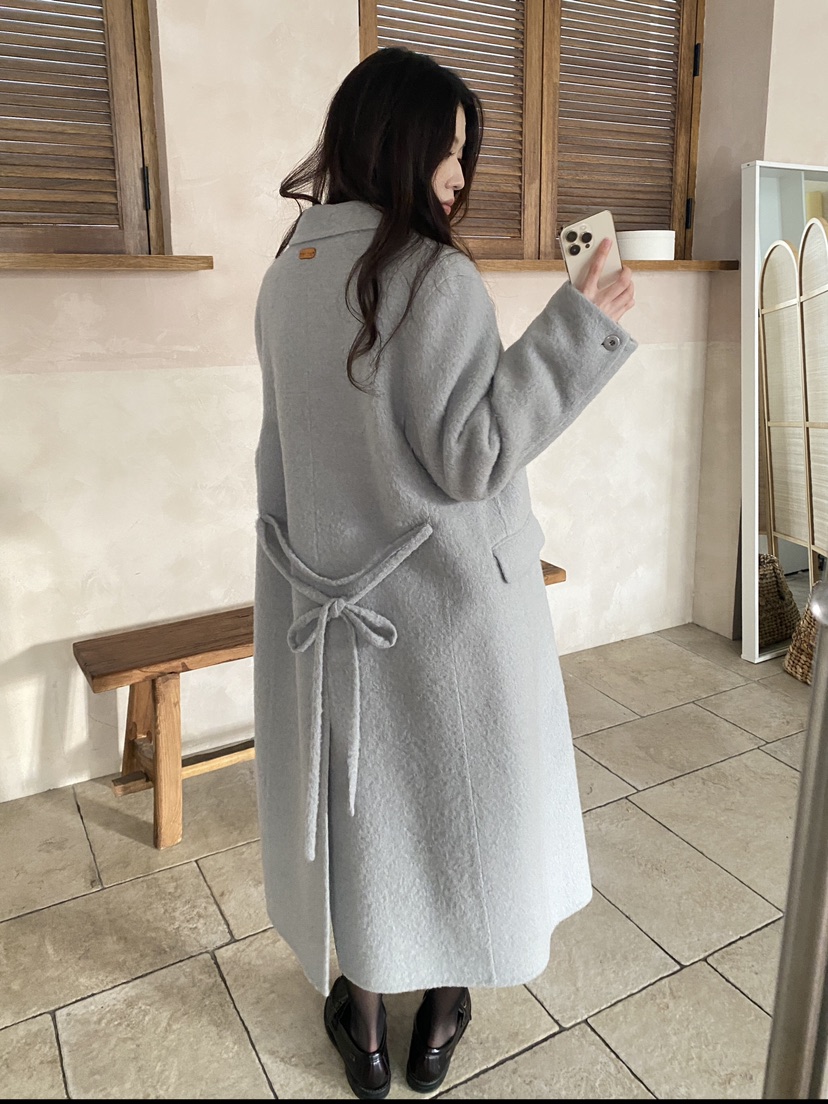 ERUME韓國直郵㊣女士新品休閑真品推薦中長款大衣含腰繩羊駝ERUME中長款大衣