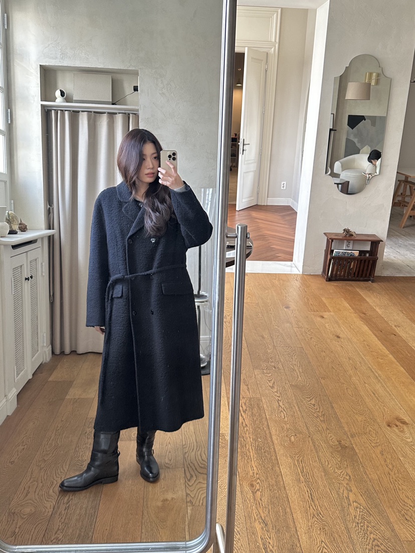 ERUME韓國直郵㊣女士新品休閑真品推薦中長款大衣含腰繩羊駝ERUME中長款大衣