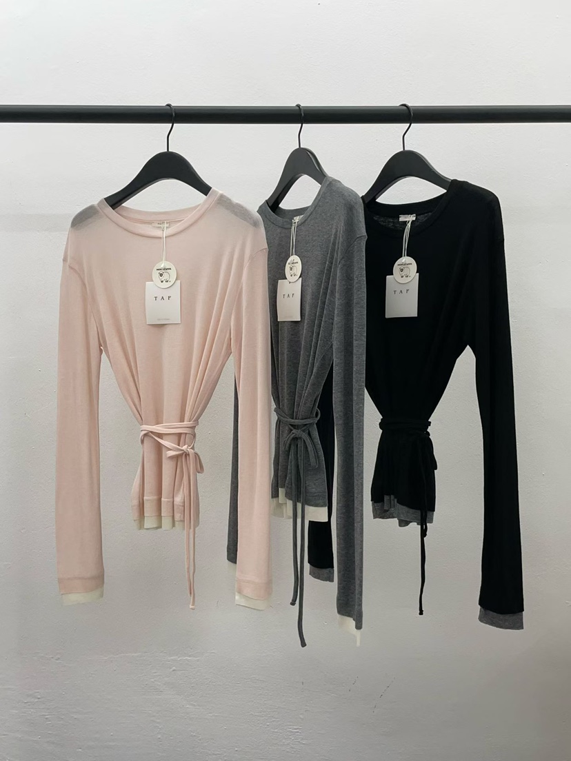 TAF韓國代購㊣女士新品人氣時尚休閑長袖T恤美利奴羊毛含腰繩TAF長袖T恤