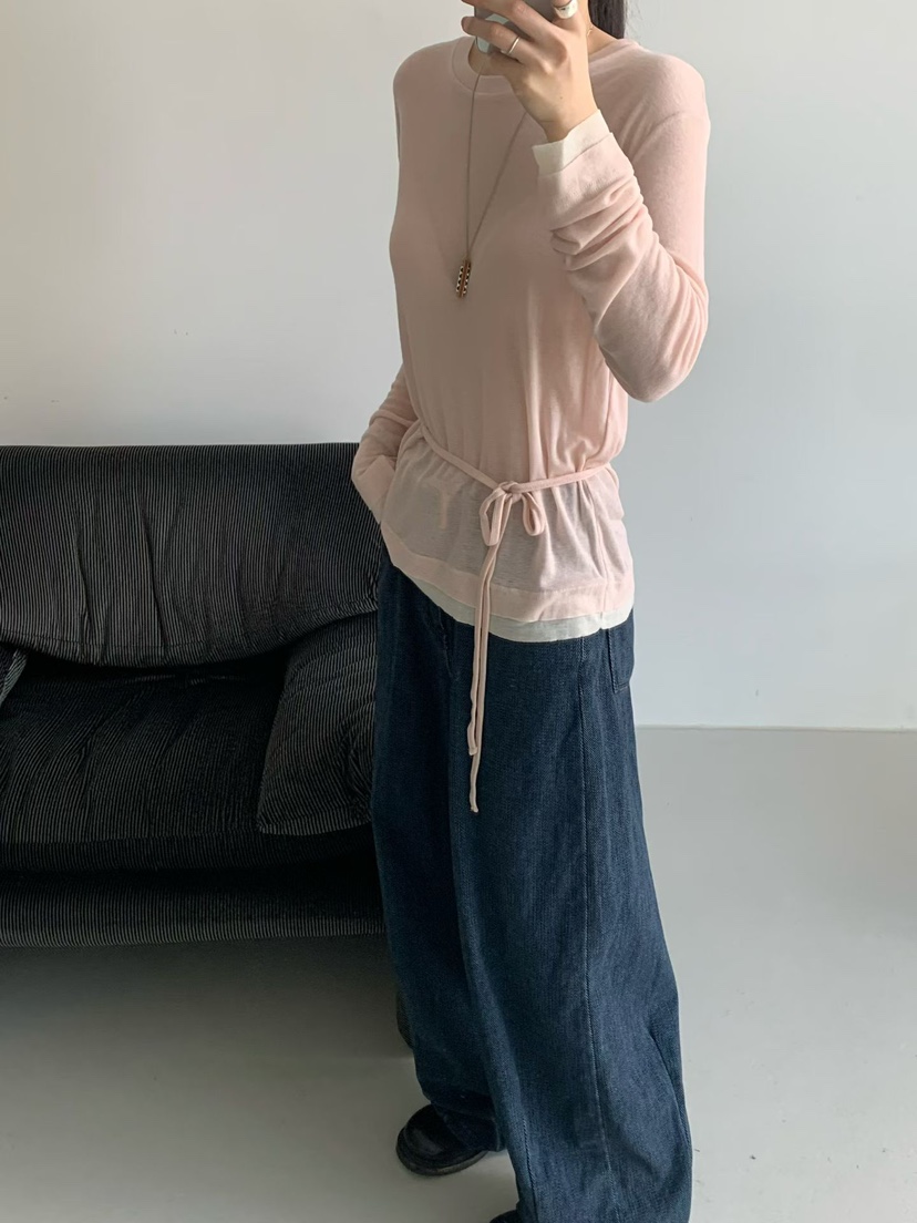 TAF韓國代購㊣女士新品人氣時尚休閑長袖T恤美利奴羊毛含腰繩TAF長袖T恤