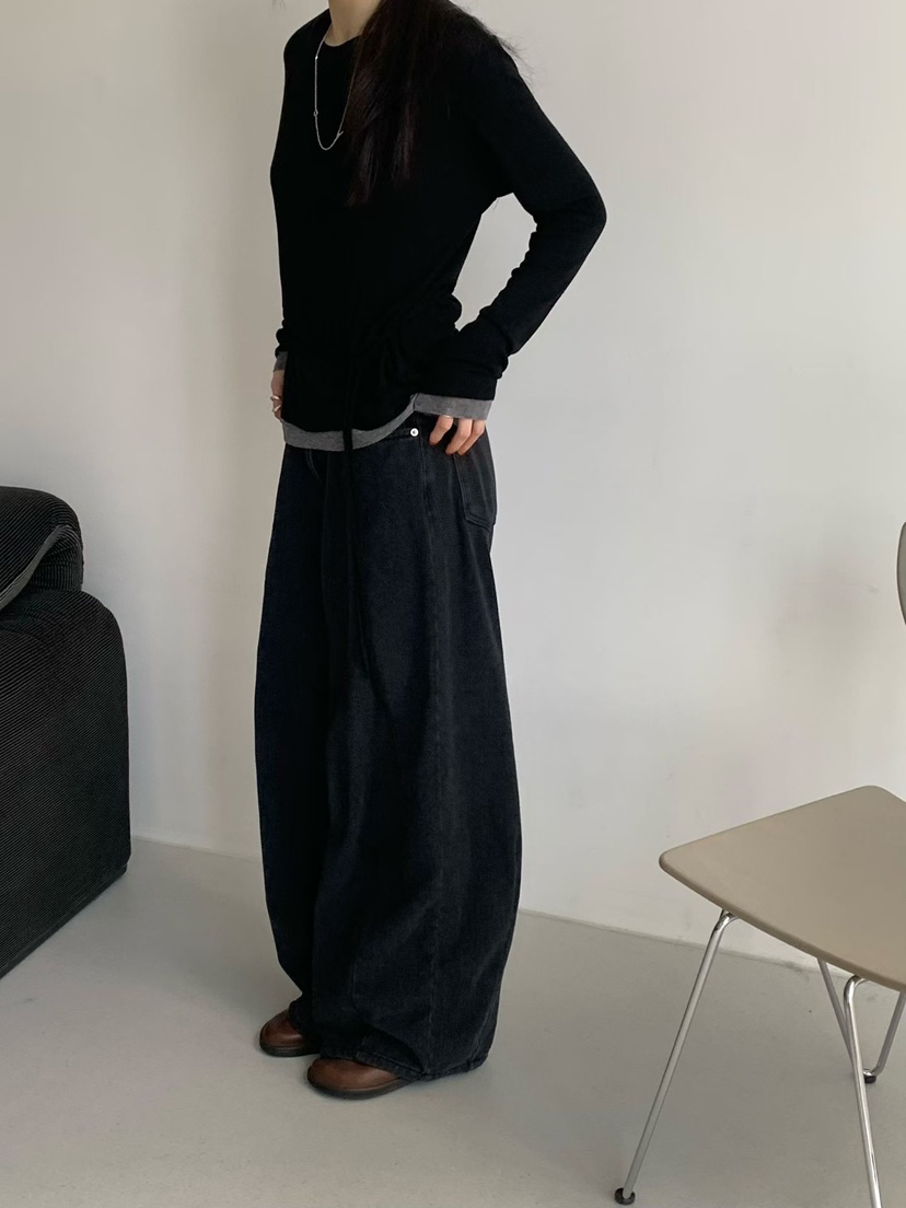 TAF韓國代購㊣女士新品人氣時尚休閑長袖T恤美利奴羊毛含腰繩TAF長袖T恤