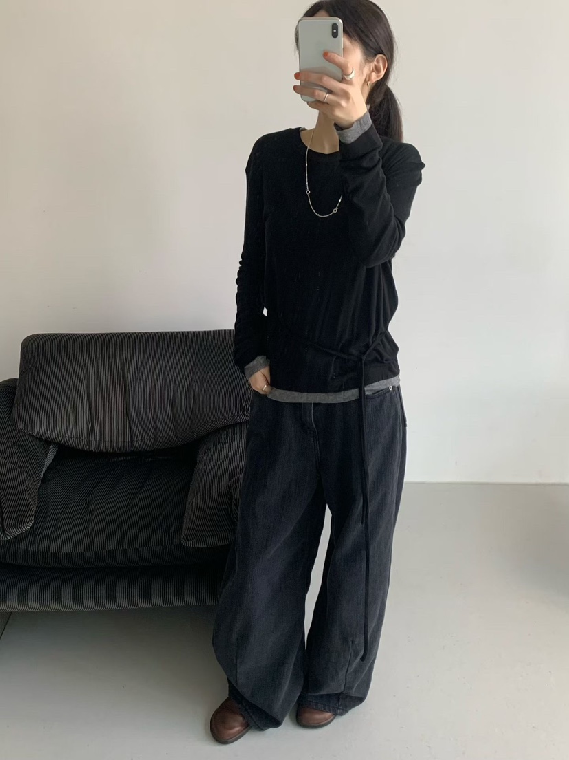 TAF韓國代購㊣女士新品人氣時尚休閑長袖T恤美利奴羊毛含腰繩TAF長袖T恤