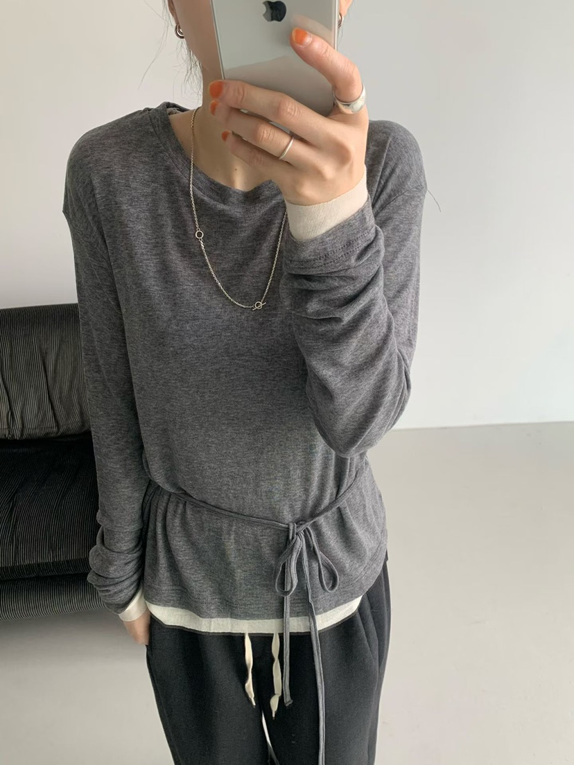 TAF韓國代購㊣女士新品人氣時尚休閑長袖T恤美利奴羊毛含腰繩TAF長袖T恤