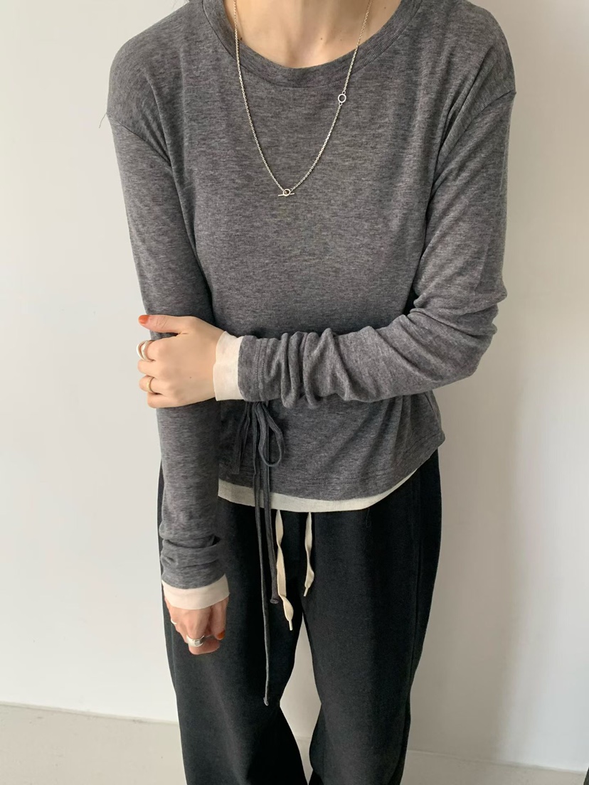 TAF韓國代購㊣女士新品人氣時尚休閑長袖T恤美利奴羊毛含腰繩TAF長袖T恤