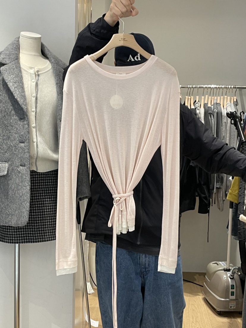 TAF韓國代購㊣女士新品人氣時尚休閑長袖T恤美利奴羊毛含腰繩TAF長袖T恤圖色1