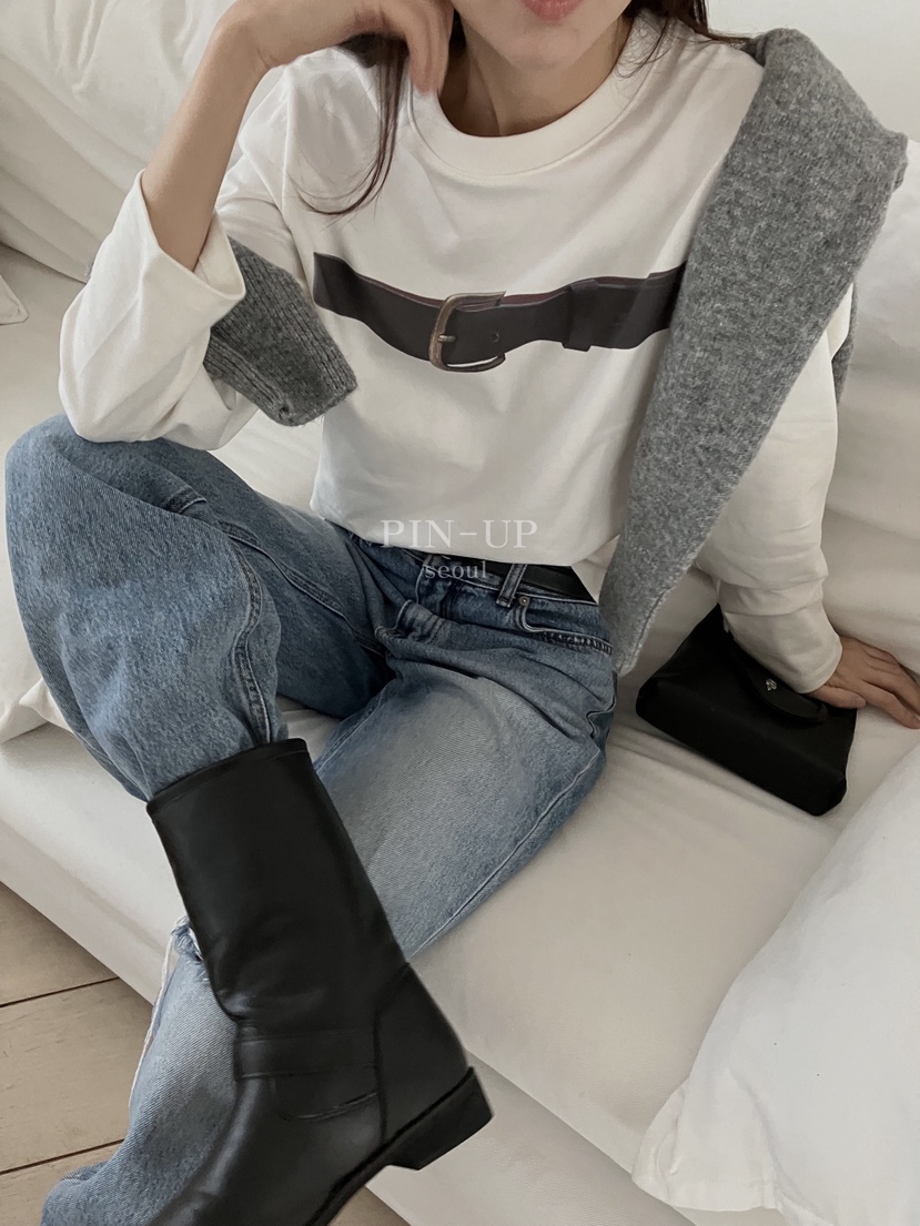 PIN-UP韓國直郵㊣女裝新品休閑人氣真品熱賣25秋冬長袖T恤腰帶PIN-UP長袖T恤
