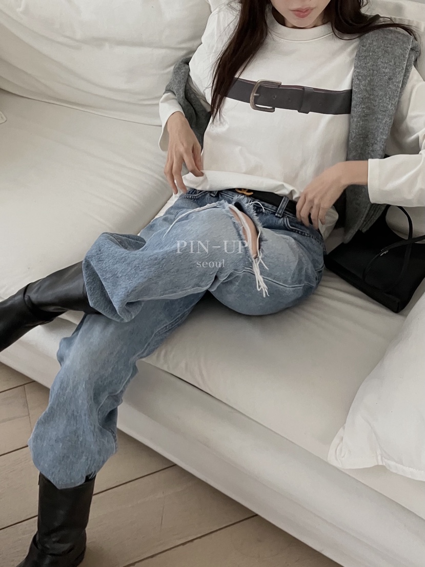 PIN-UP韓國直郵㊣女裝新品休閑人氣真品熱賣25秋冬長袖T恤腰帶PIN-UP長袖T恤