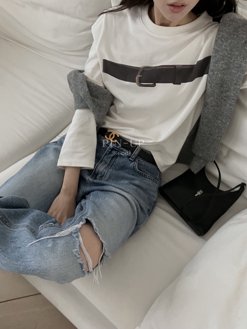 PIN-UP韓國直郵㊣女裝新品休閑人氣真品熱賣25秋冬長袖T恤腰帶PIN-UP長袖T恤