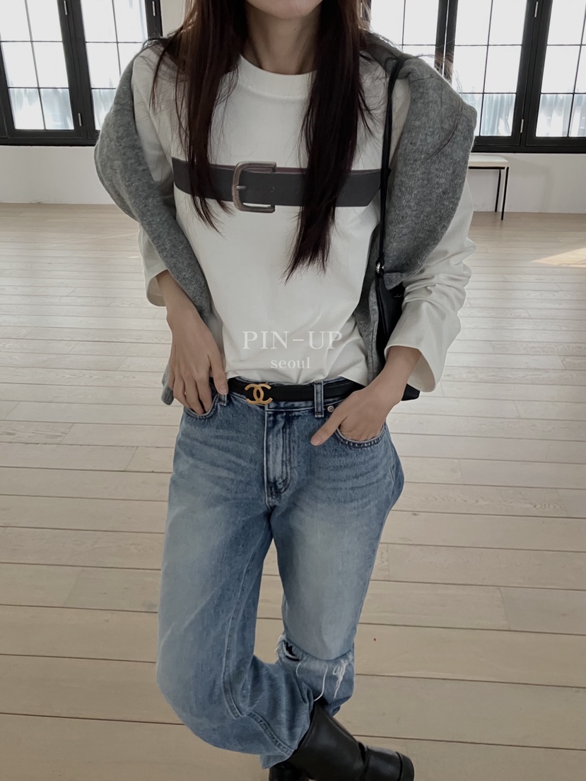 PIN-UP韓國直郵㊣女裝新品休閑人氣真品熱賣25秋冬長袖T恤腰帶PIN-UP長袖T恤