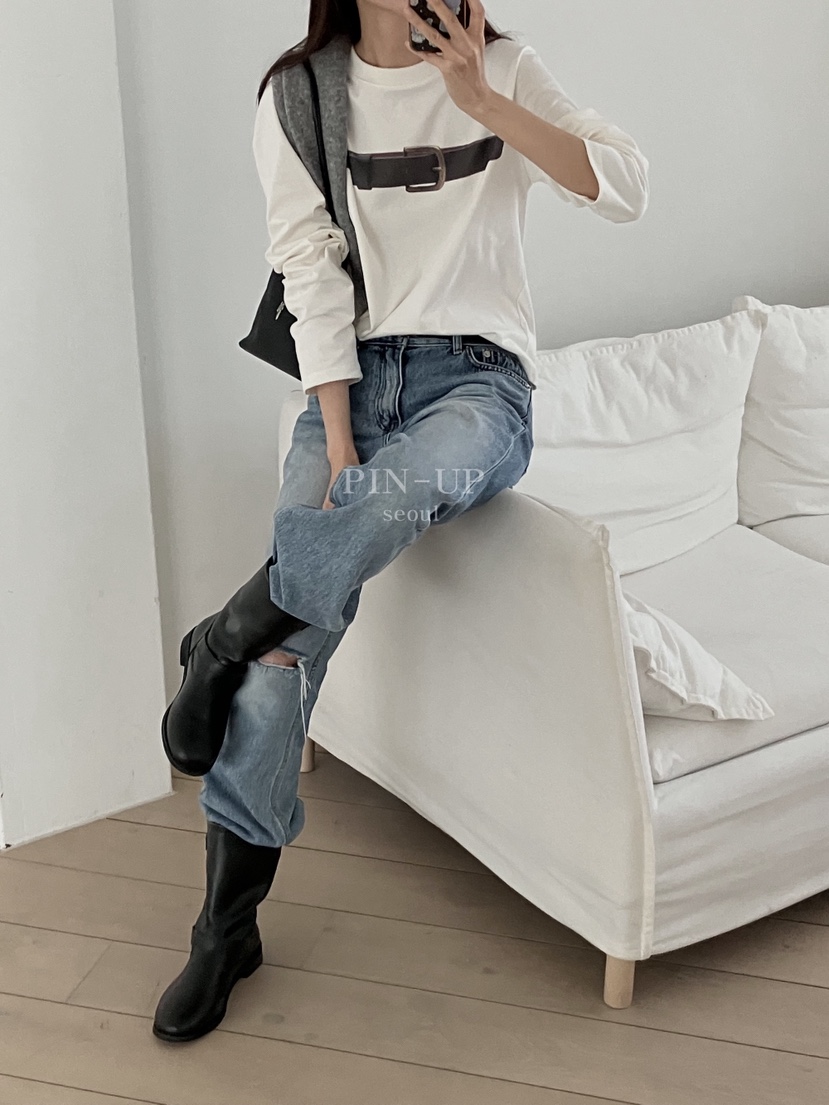 PIN-UP韓國直郵㊣女裝新品休閑人氣真品熱賣25秋冬長袖T恤腰帶PIN-UP長袖T恤