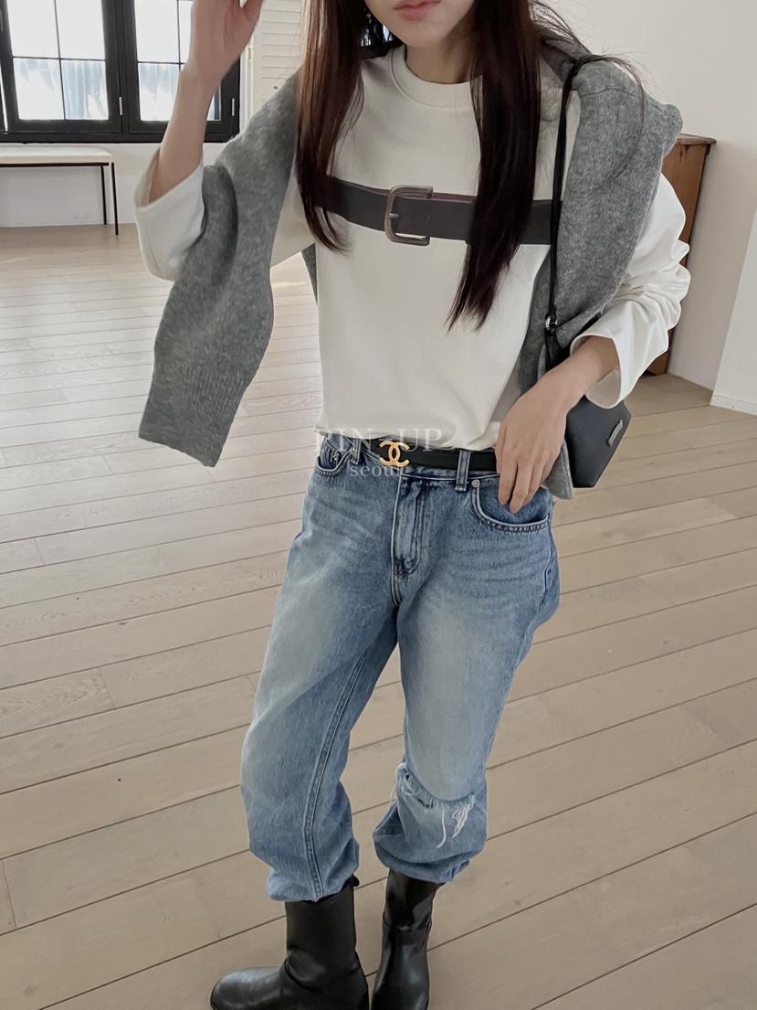 PIN-UP韓國直郵㊣女裝新品休閑人氣真品熱賣25秋冬長袖T恤腰帶PIN-UP長袖T恤