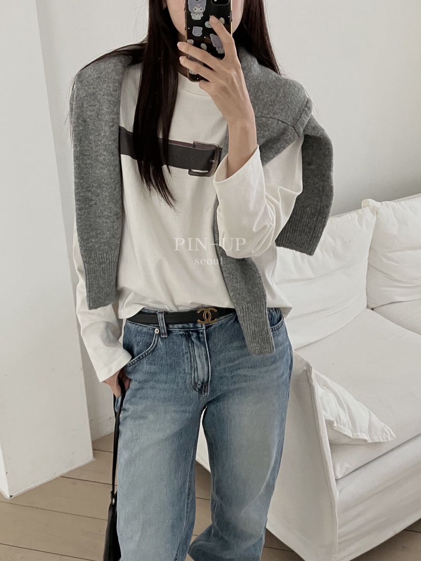 PIN-UP韓國直郵㊣女裝新品休閑人氣真品熱賣25秋冬長袖T恤腰帶PIN-UP長袖T恤