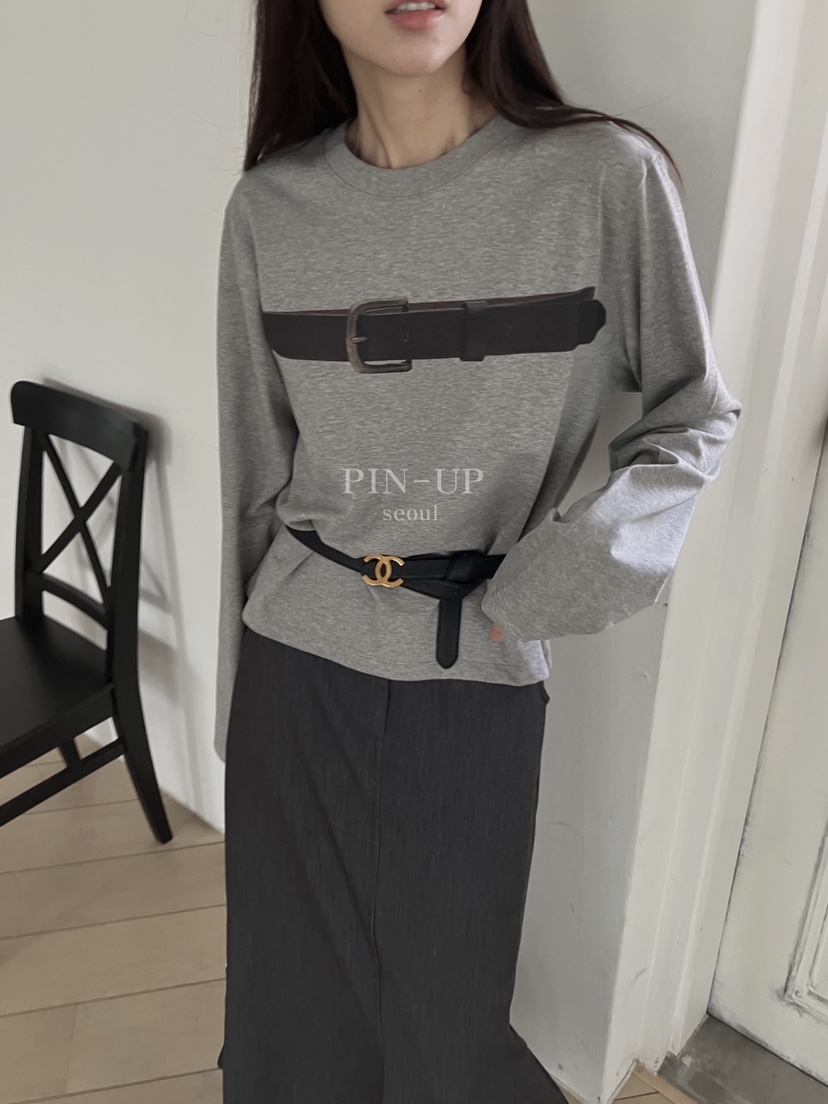 PIN-UP韓國直郵㊣女裝新品休閑人氣真品熱賣25秋冬長袖T恤腰帶PIN-UP長袖T恤