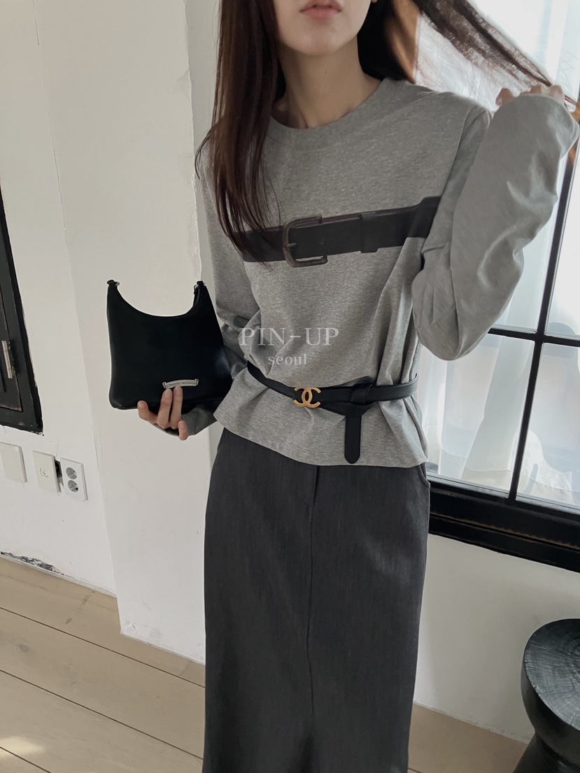 PIN-UP韓國直郵㊣女裝新品休閑人氣真品熱賣25秋冬長袖T恤腰帶PIN-UP長袖T恤