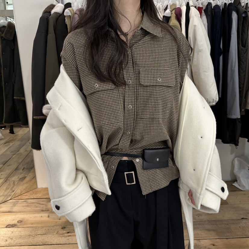 CREAM VILLA韓國直郵㊣女裝新品推薦襯衫蕾絲衫不含腰包格子CREAMVILLA襯衫/蕾絲衫圖色2