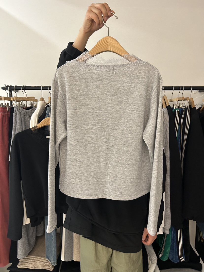 AS THOUGHT東大門㊣代購女士新品真品人氣職業長袖T恤V領蕾絲AS THOUGHT長袖T恤