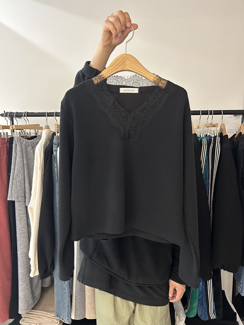 AS THOUGHT東大門㊣代購女士新品真品人氣職業長袖T恤V領蕾絲AS THOUGHT長袖T恤圖色3