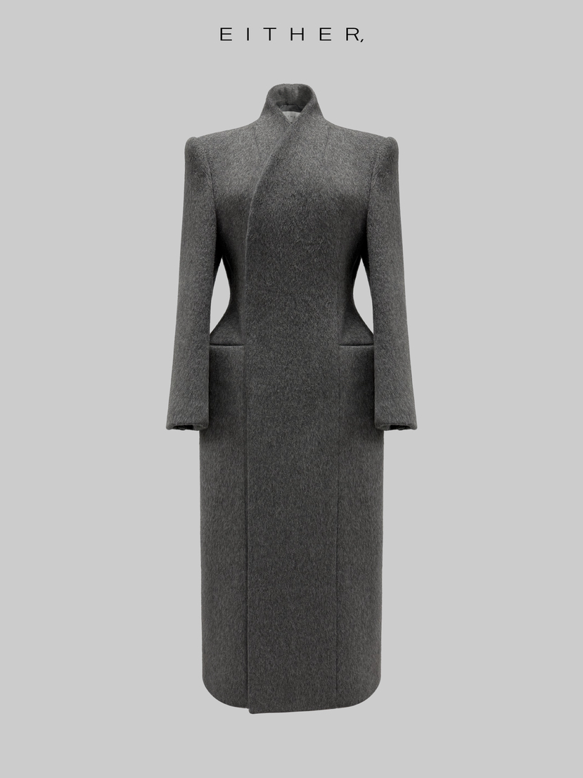 EITHER韓國代購㊣女士新品職業真品25秋冬休閑人氣中長款大衣EITHER中長款大衣圖色1墨